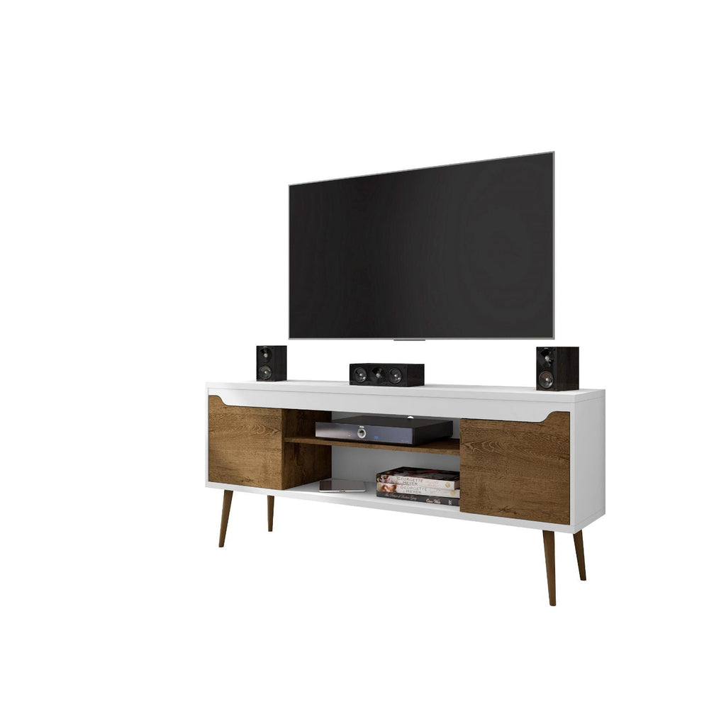 Mid-Century Modern TV Stand with Solid Wood Splayed Legs - White or Black