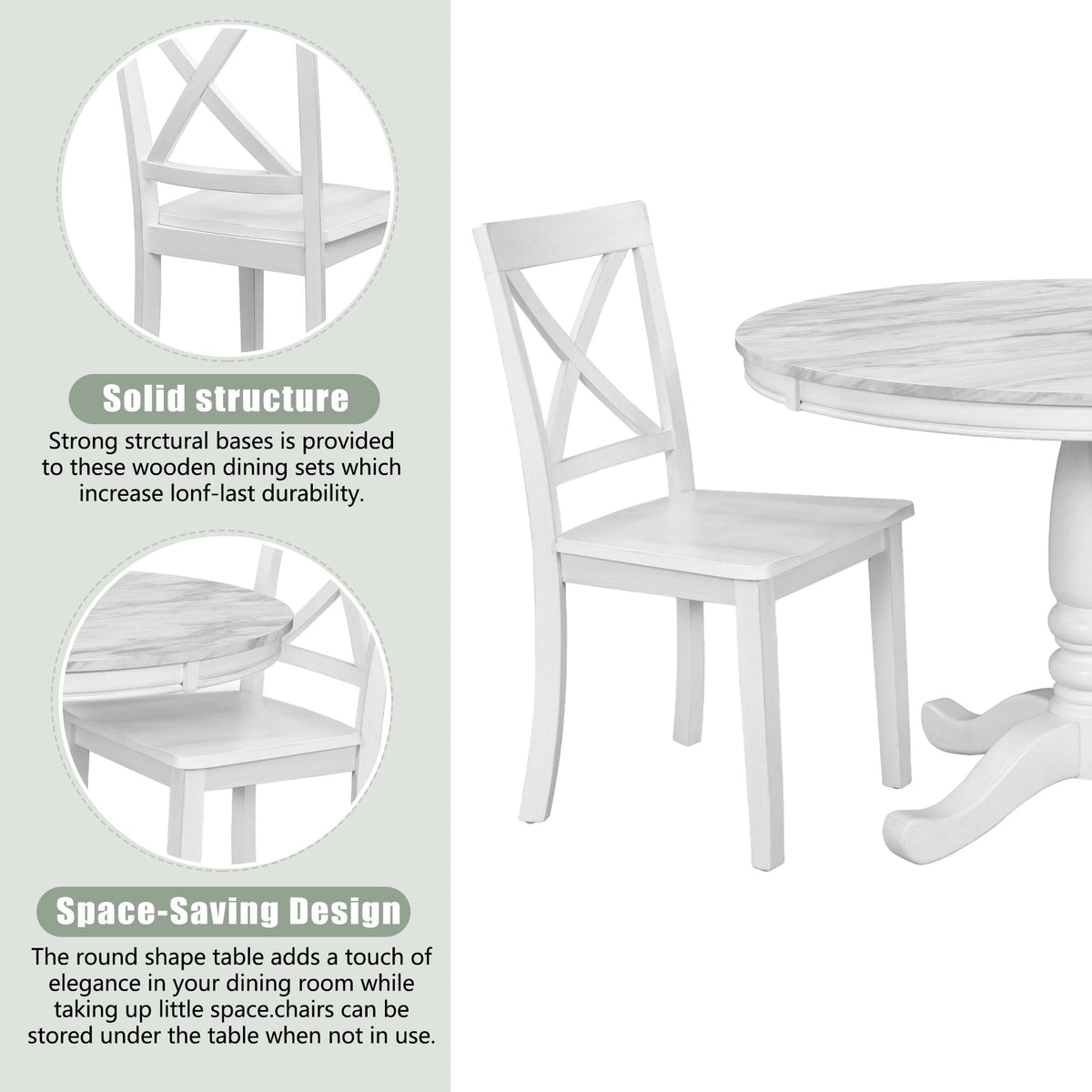 Solid Wood 5 Piece Dining Room Set with Table and 4 Chairs - White or Dark Gray