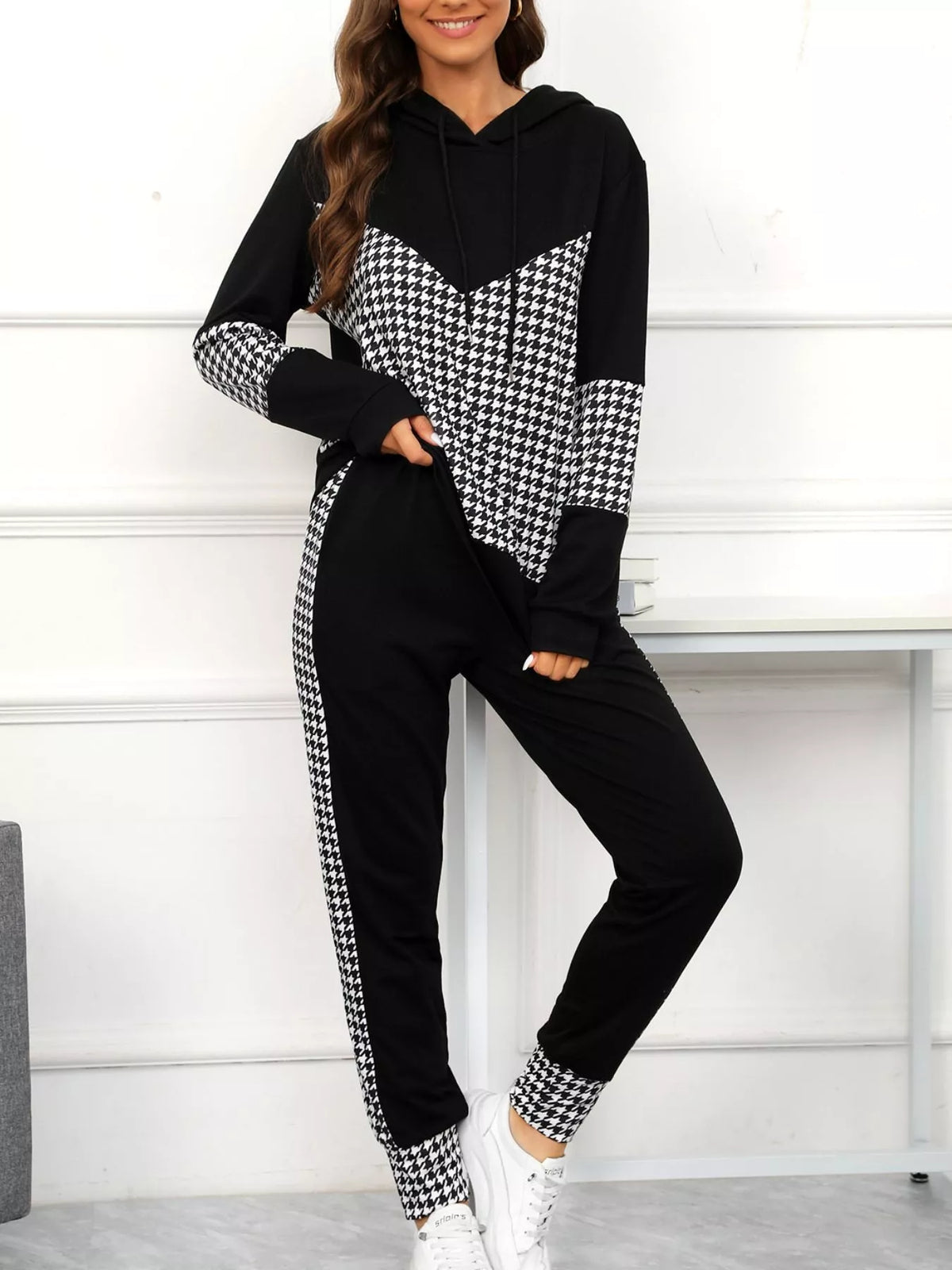 Houndstooth Drawstring Hoodie and Pants Se