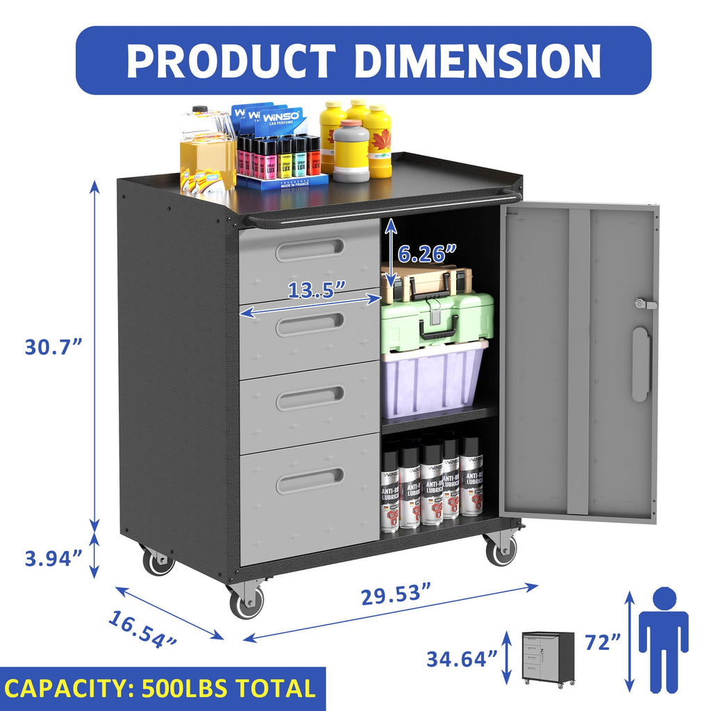 Sturdy Metal Tool Storage Cabinet with Lockable Wheels and Drawers - Gray or Black