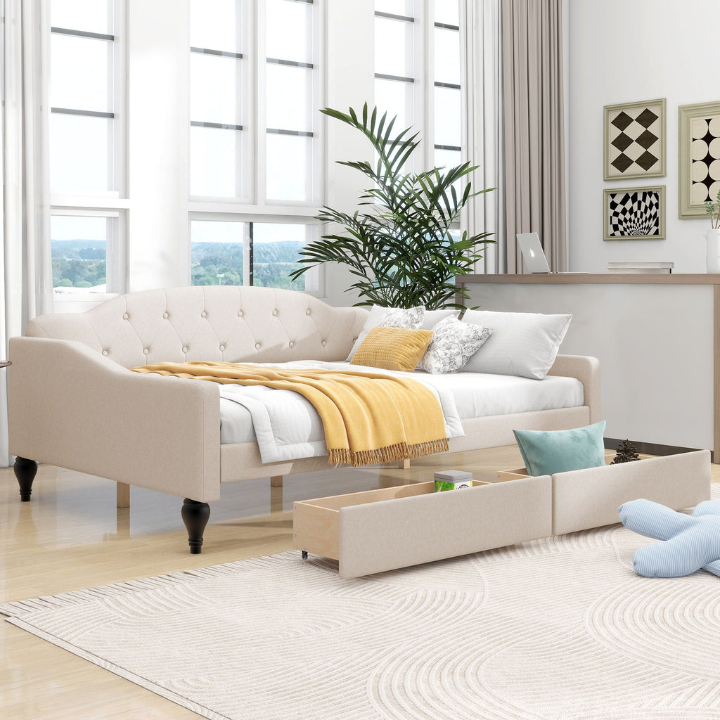 Upholstered Tufted Daybed with Storage Options - Beige