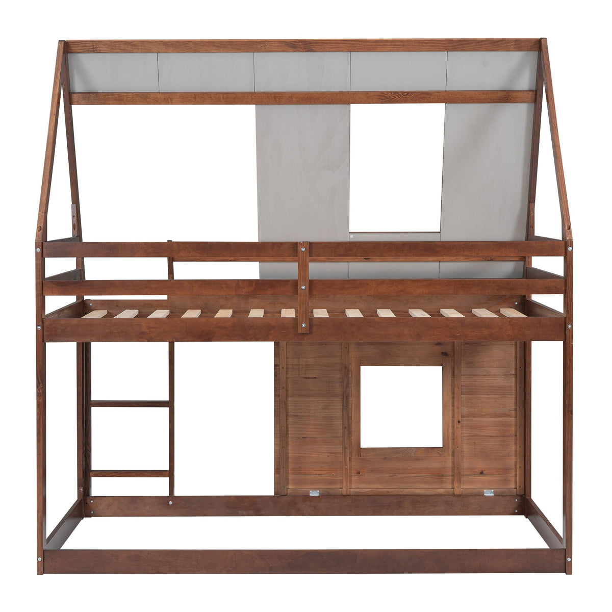 Wood Twin Size House Bunk Bed with Roof and 2 Windows - Oak & Smoky Gray