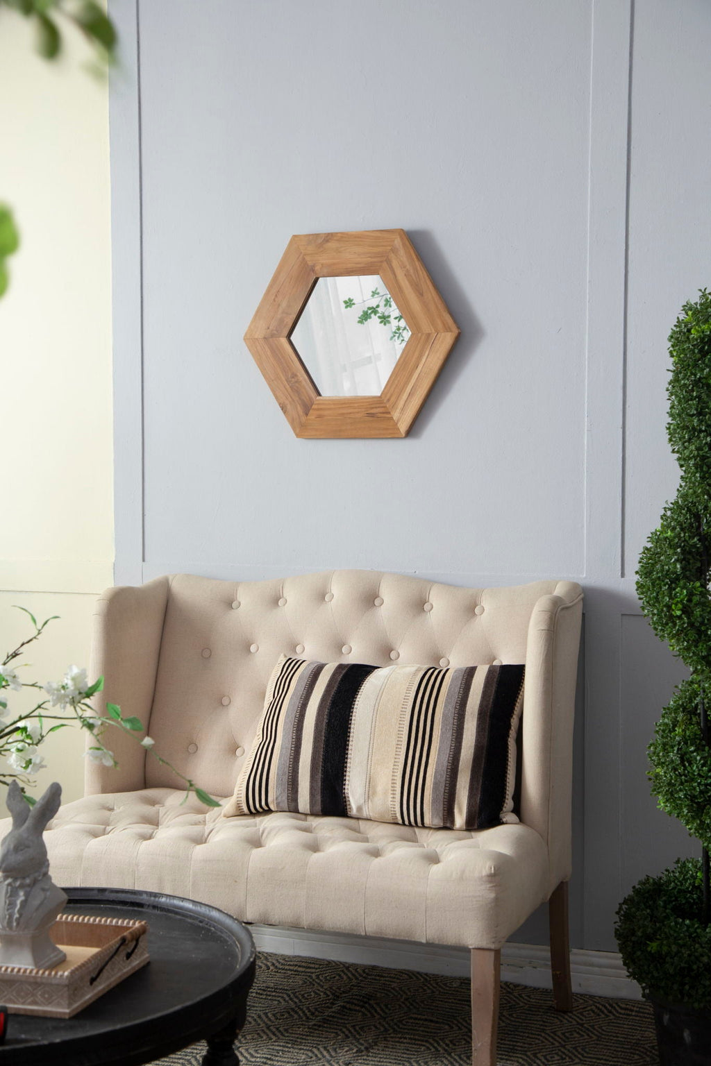 Hexagon Accent Mirror with Solid Teak Wood Frame - Light Brown, Dark Brown, Black