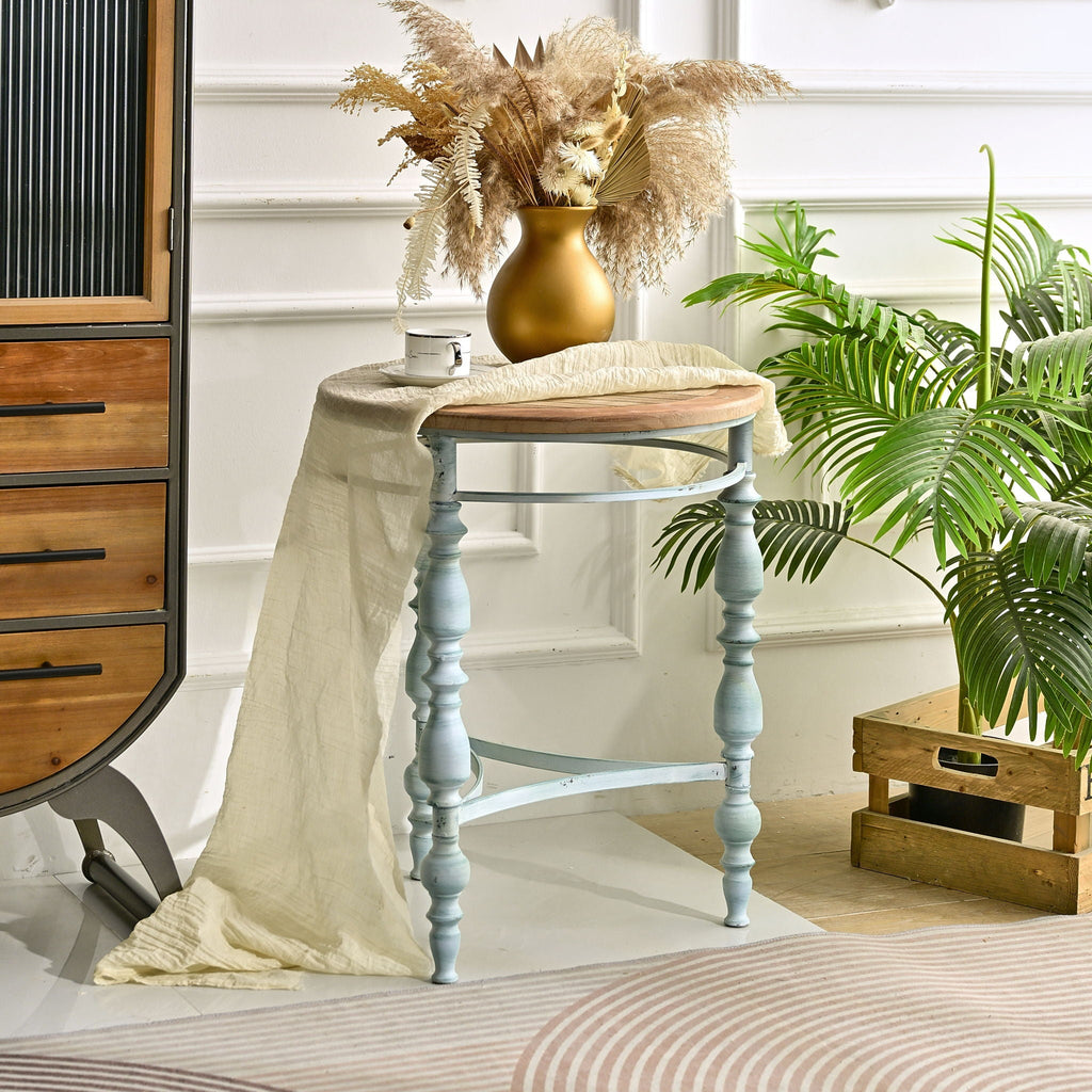 Round Top Carved Coffee Table with Metal Legs - Light Brown