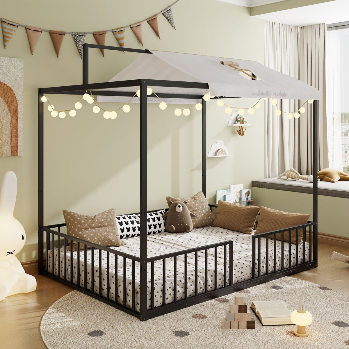 3 In 1 Convertible Montessori Floor Bed with Fenced Support - Full