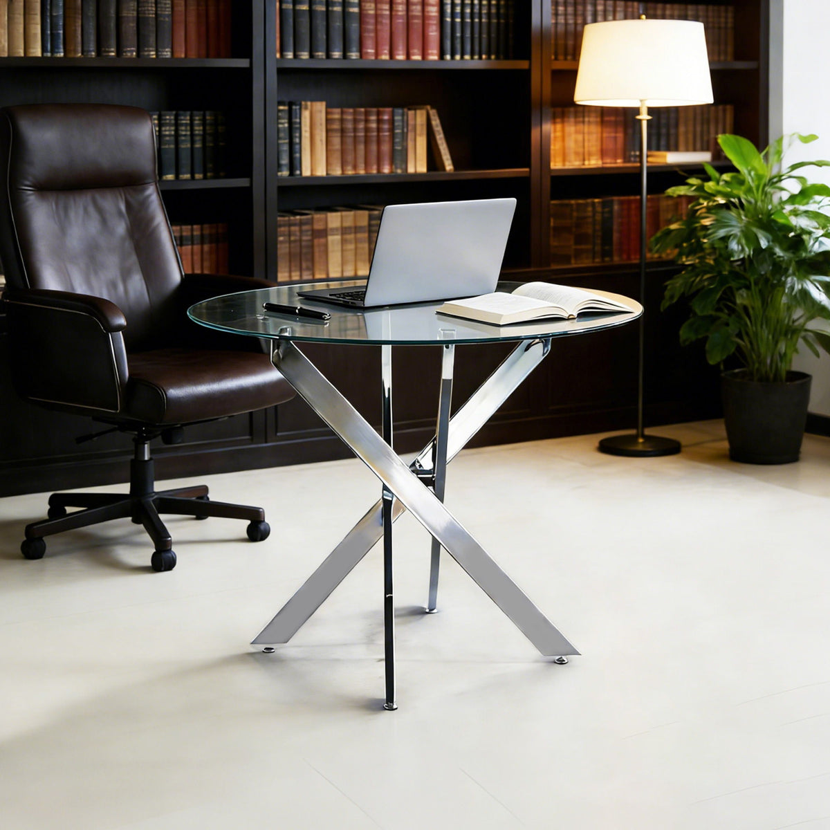 Dining Table With Cross Metal Leg And Tempered Glass