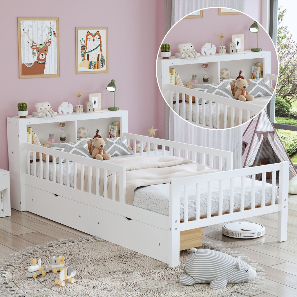 Twin Storage Bed with Headboard Rack & Under-Bed Drawers - Multiple Colors