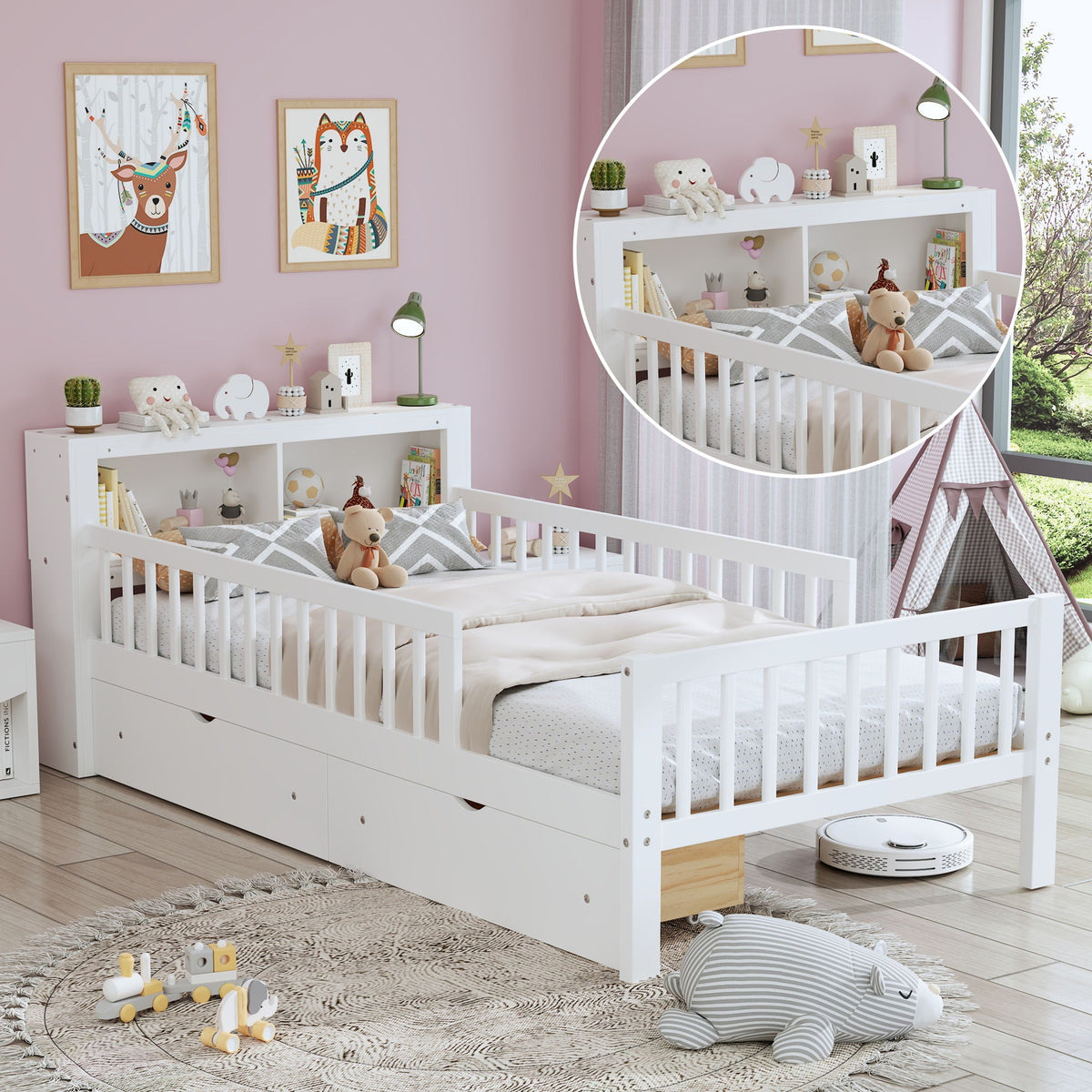 Twin Storage Bed with Headboard Rack & Under-Bed Drawers - Multiple Colors