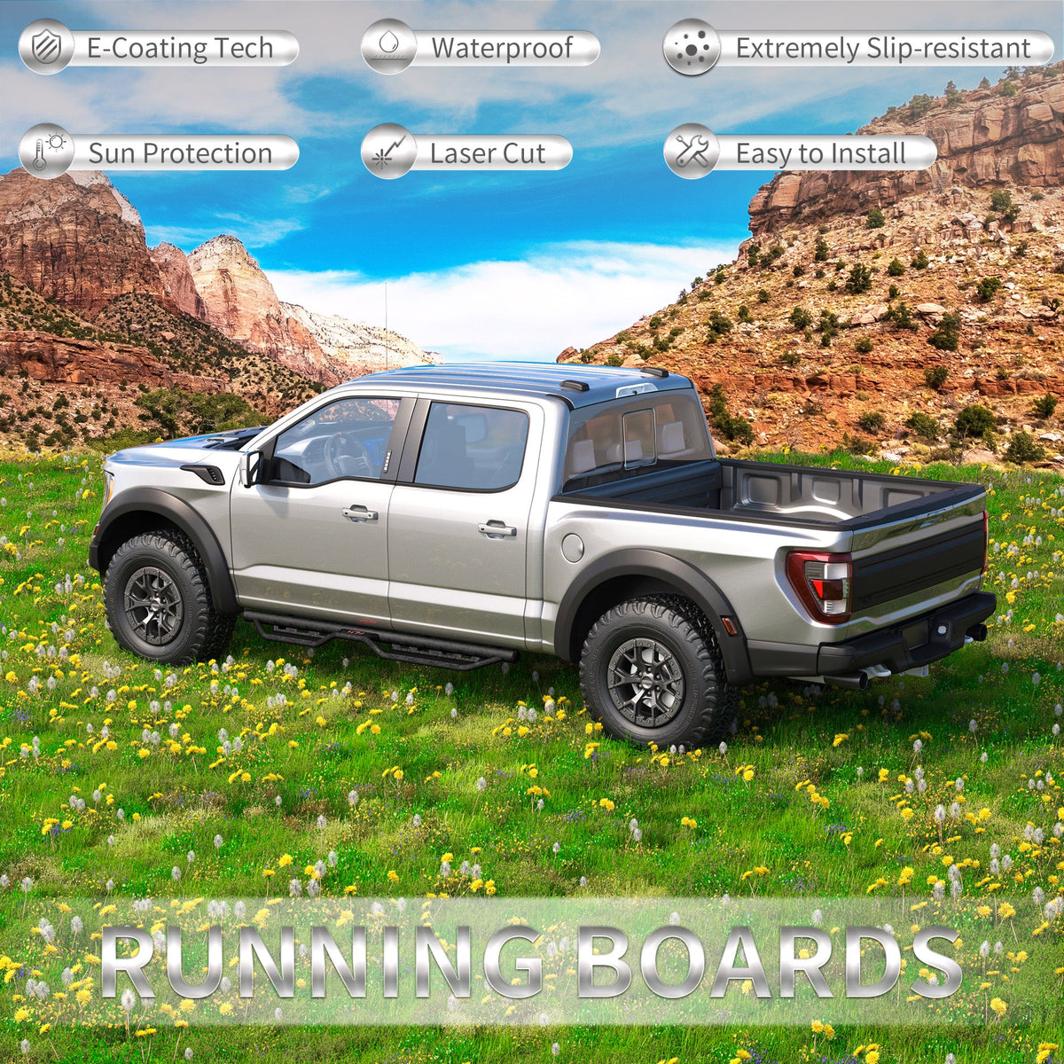 Running Boards for Ford SuperCrew Cab with Non-Slip Surface - Carbon Steel