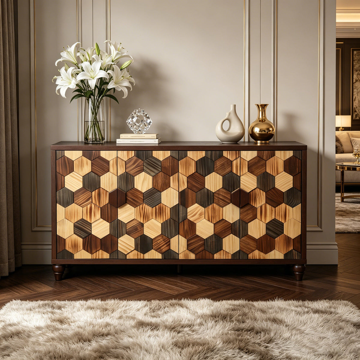 Honeycomb Pattern Sideboard Cabinet with Ample Storage - 59.8" Wide