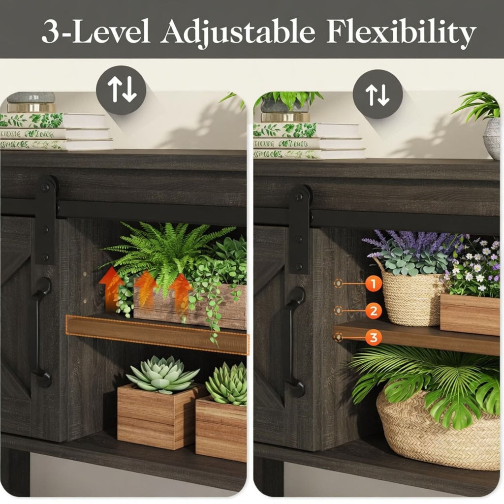 Farmhouse Entryway Table with Sliding Barn Door - Gray, Dark Gray, White, Black