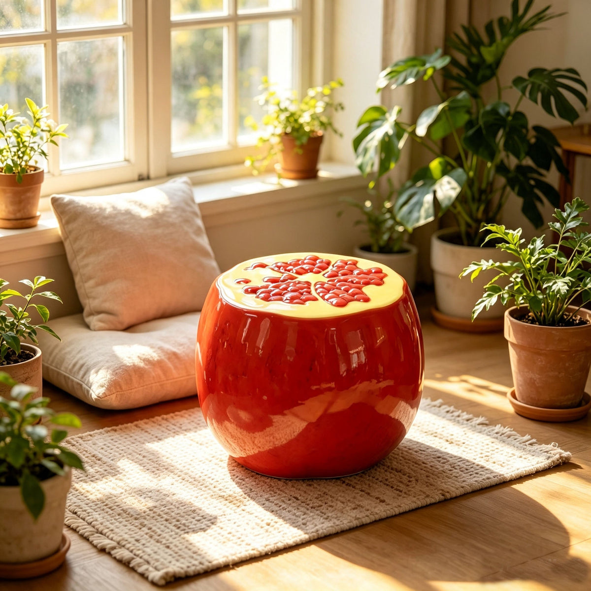 Oversized Pomegranate Fruit Stool with Durable Resin – Red