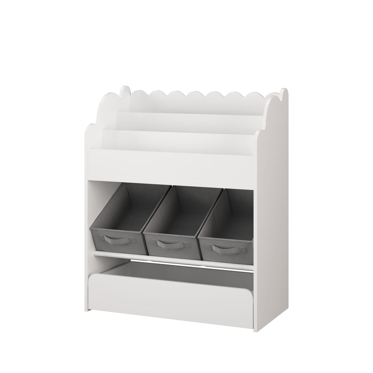 Bookshelf With Storage Bins and Drawer – Multi Functional Book Organizer for Toddlers - White