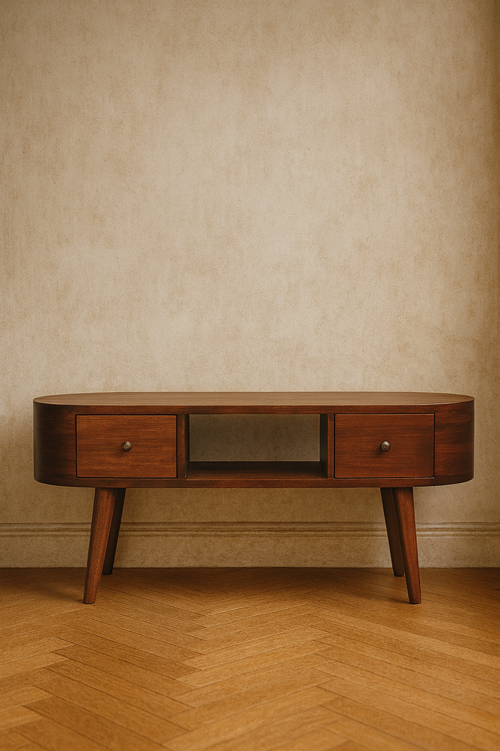 Chestnut Round Open Media Unit with 2 Drawers and Open Slot - Chestnut Finish