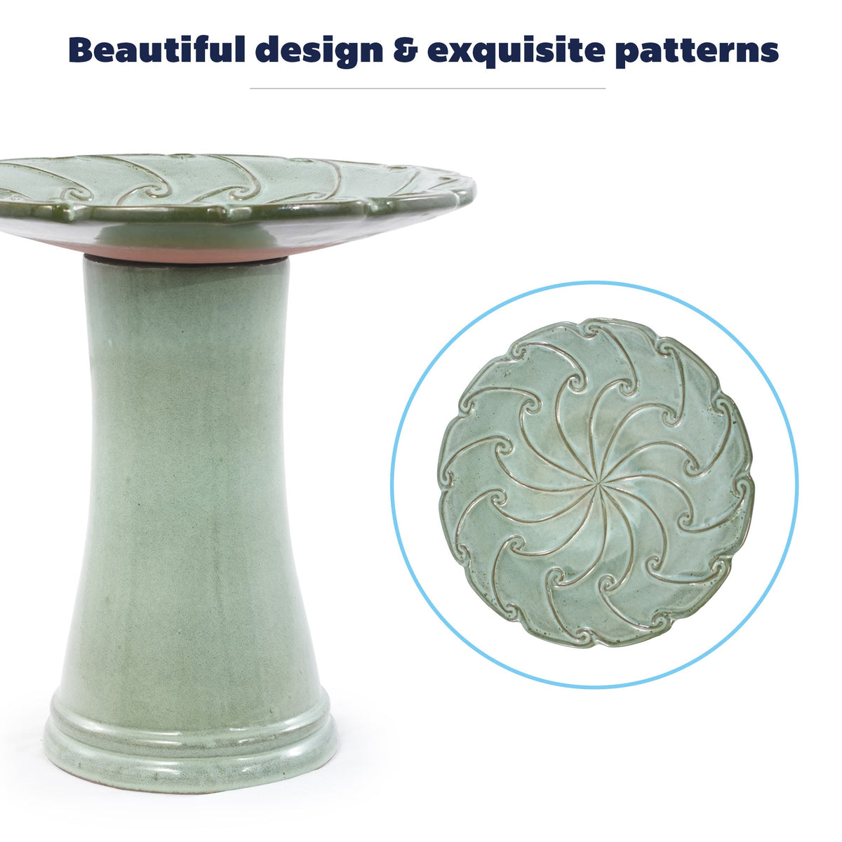 Handmade Glazed Ceramic Bird Bath with Swirling Scroll Design - Glazed Finish