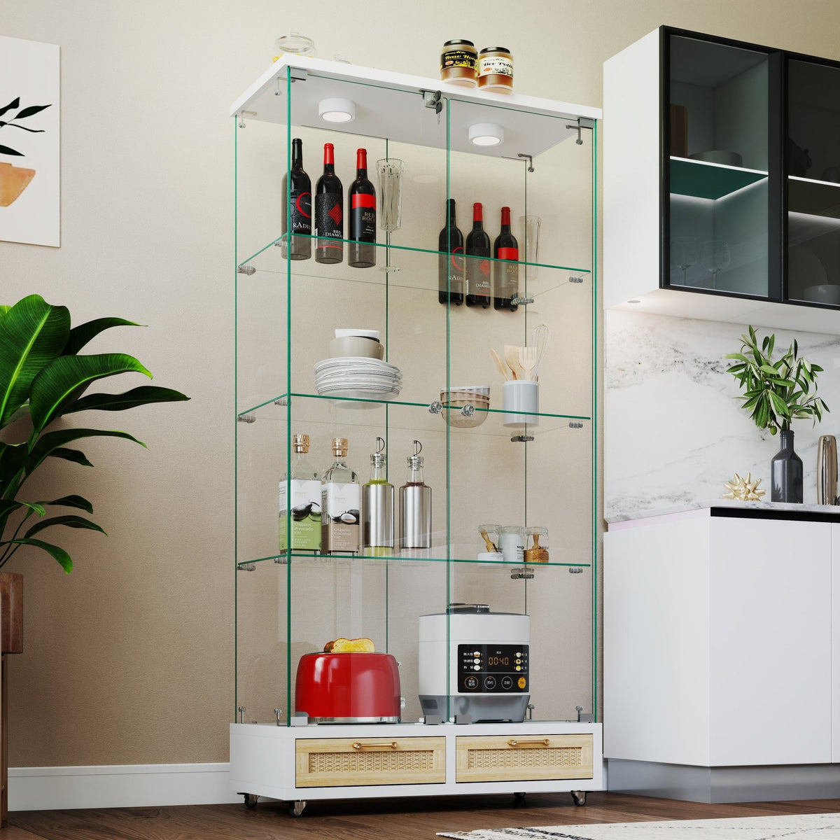Glass Display Cabinet with LED Lights and Large Drawers - Natural / White