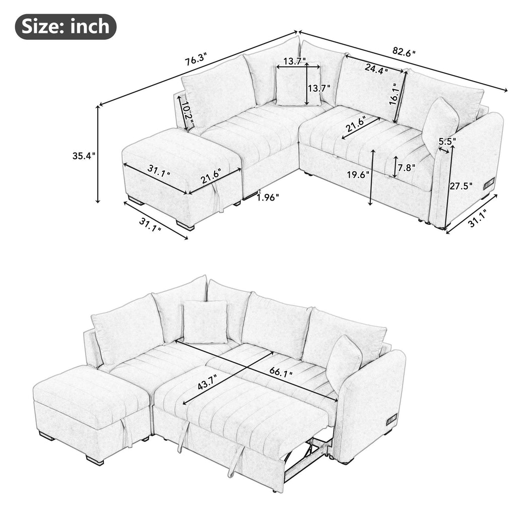 L-Shaped Sleeper Sectional with Pull-Out Bed and Storage Ottoman - Gray or Beige