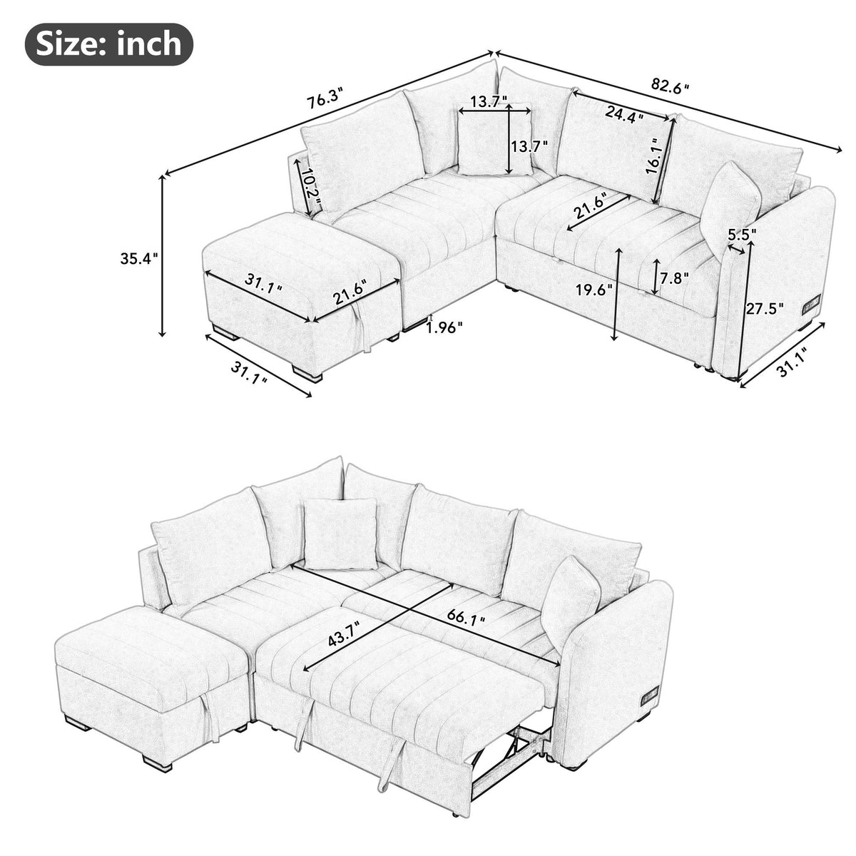 L-Shaped Sleeper Sectional with Pull-Out Bed and Storage Ottoman - Gray or Beige
