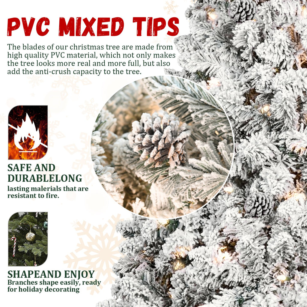 5FT Flocked Christmas Tree with 300 UL Lights and Pine Cones - White