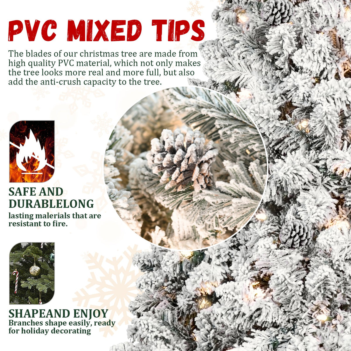 5FT Flocked Christmas Tree with 300 UL Lights and Pine Cones - White