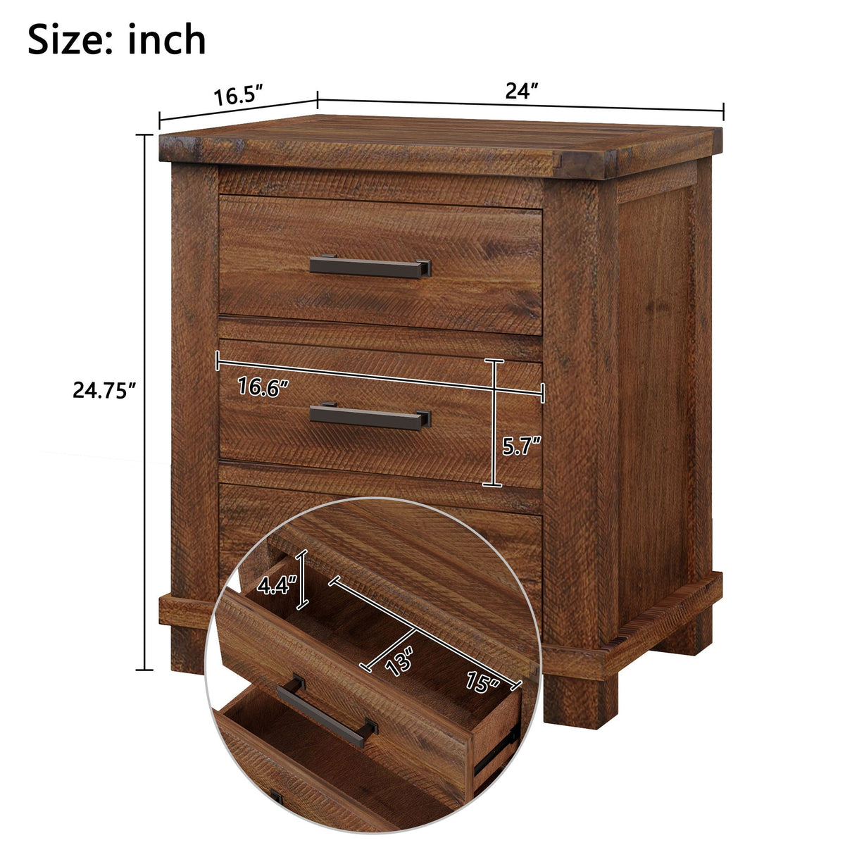 Dark Brown 3 Drawer Nightstand with Antique-Inspired Details - Dark Brown