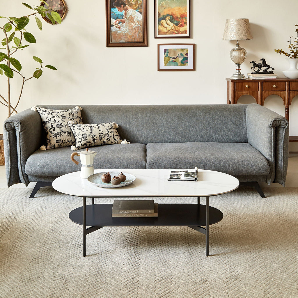 Contemporary Coffee Table with Sintered Stone Surface and Double Layer - White / Gray