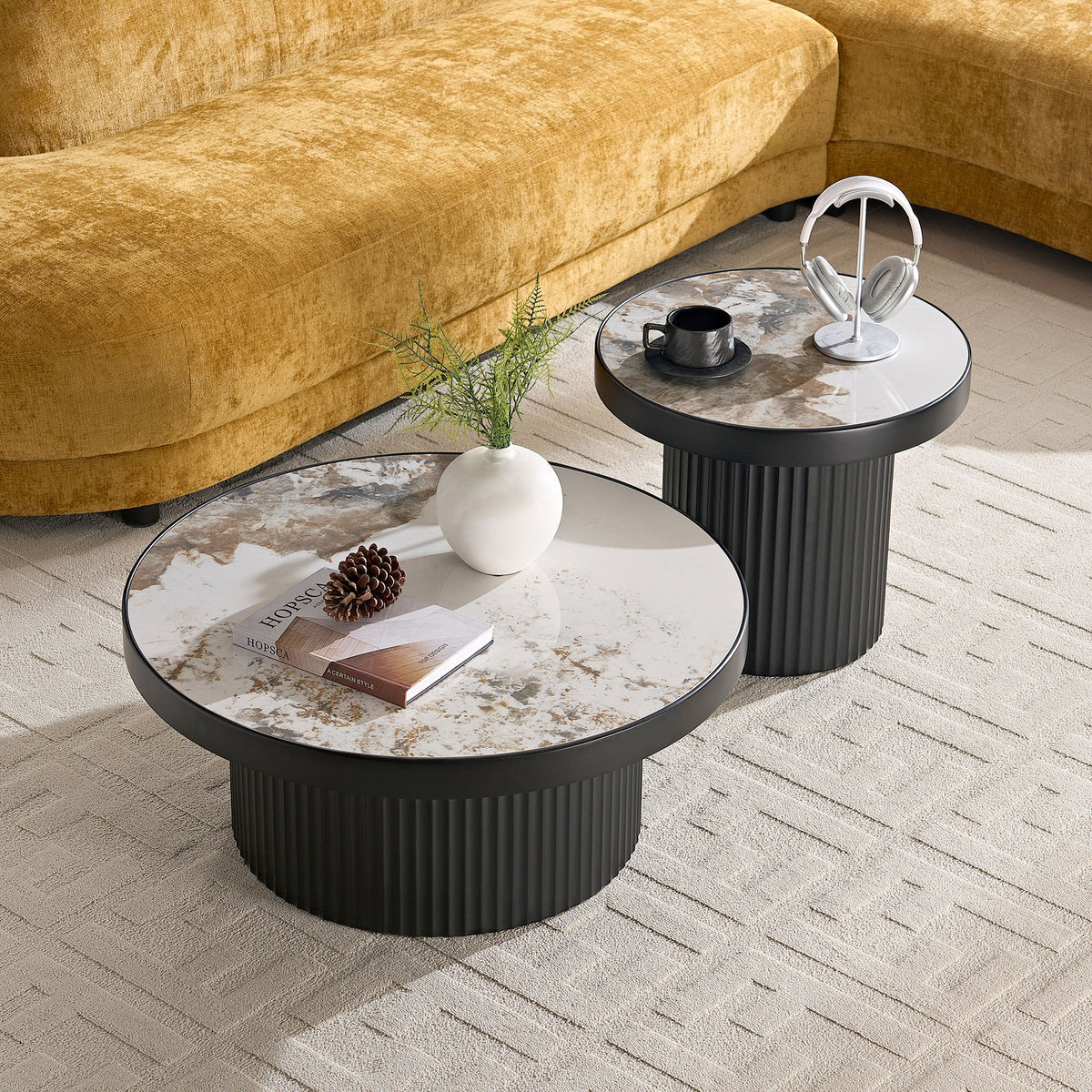 Set of 2 Coffee Tables with Sintered Stone Tabletops - Black