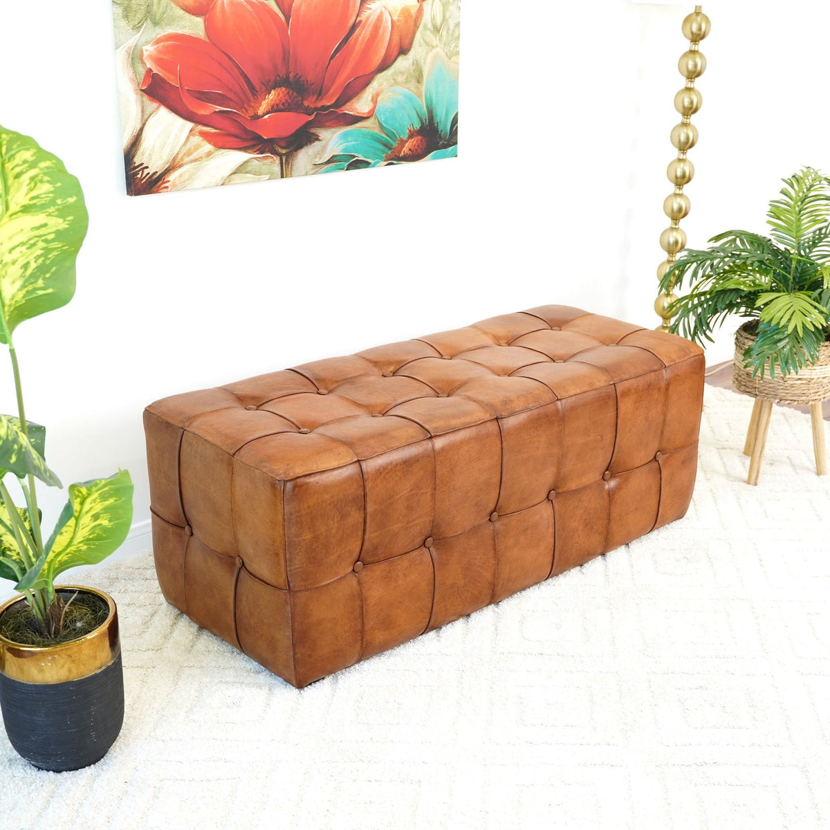 Tan Upholstered Bench with Solid Wood Frame - Genuine Leather