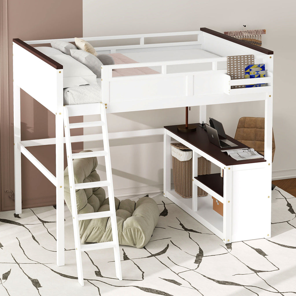 Queen Size Loft Bed with Desk, Storage, and USB Charging Station - White