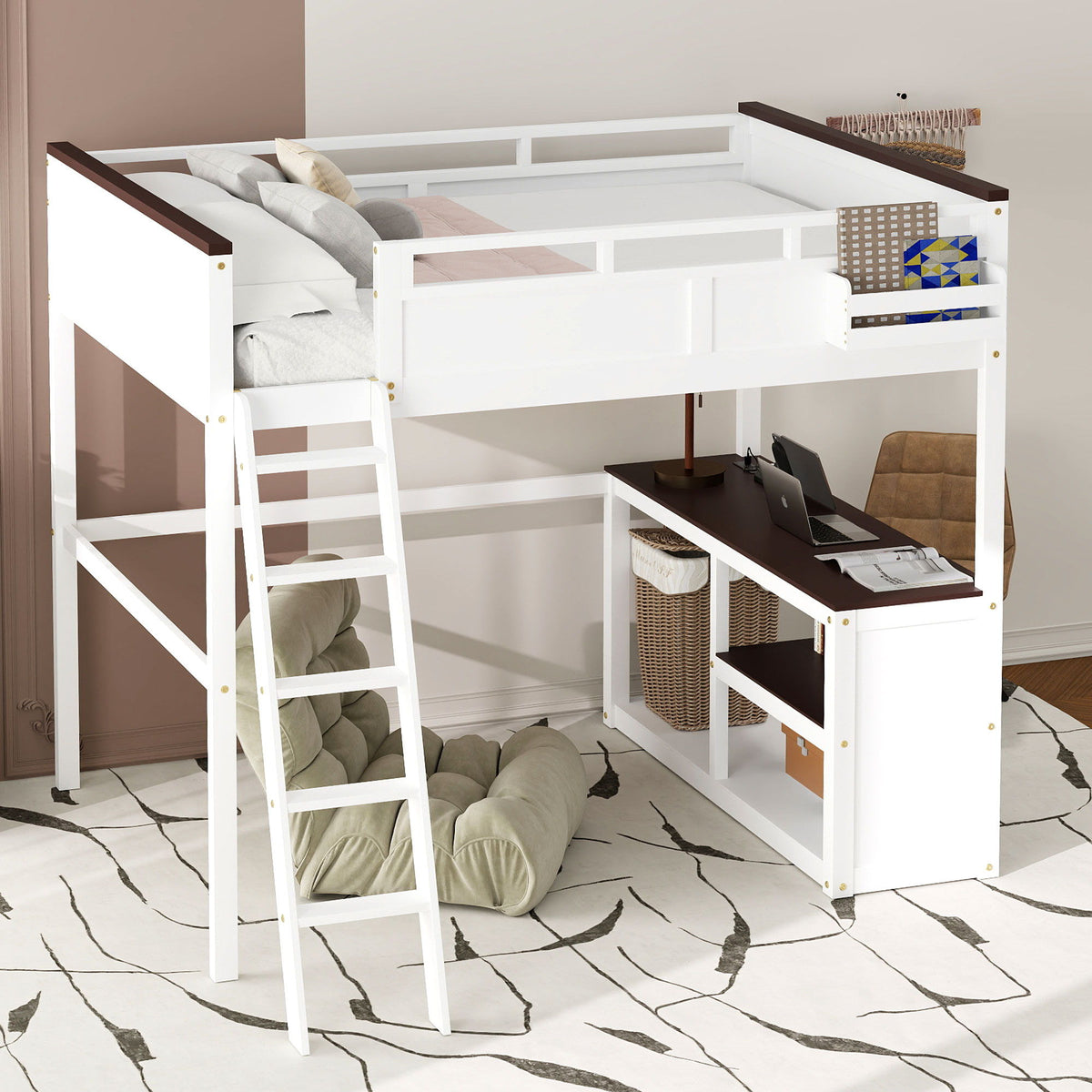 Queen Size Loft Bed with Desk, Storage, and USB Charging Station - White