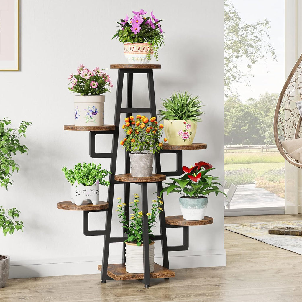 7 Tier Corner Plant Shelf with High Low Design - Dark Brown or White