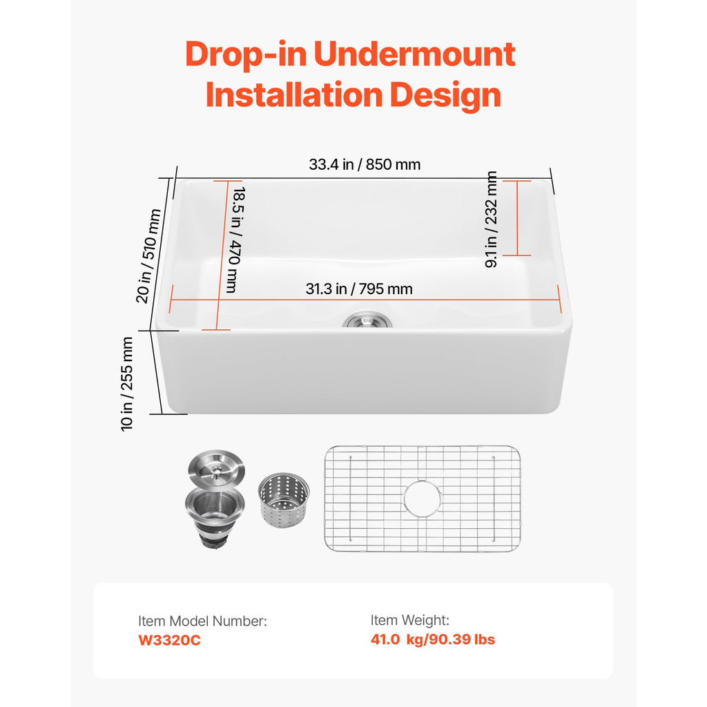 Farmhouse Sink Undermount Kitchen Single Bowl with Extra-Large Basin - White