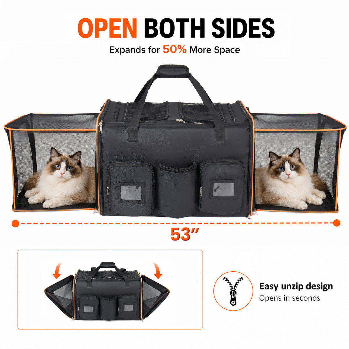 2 in 1 Large Cat Carrier with Rolling Wheels and Expandable Design - Black