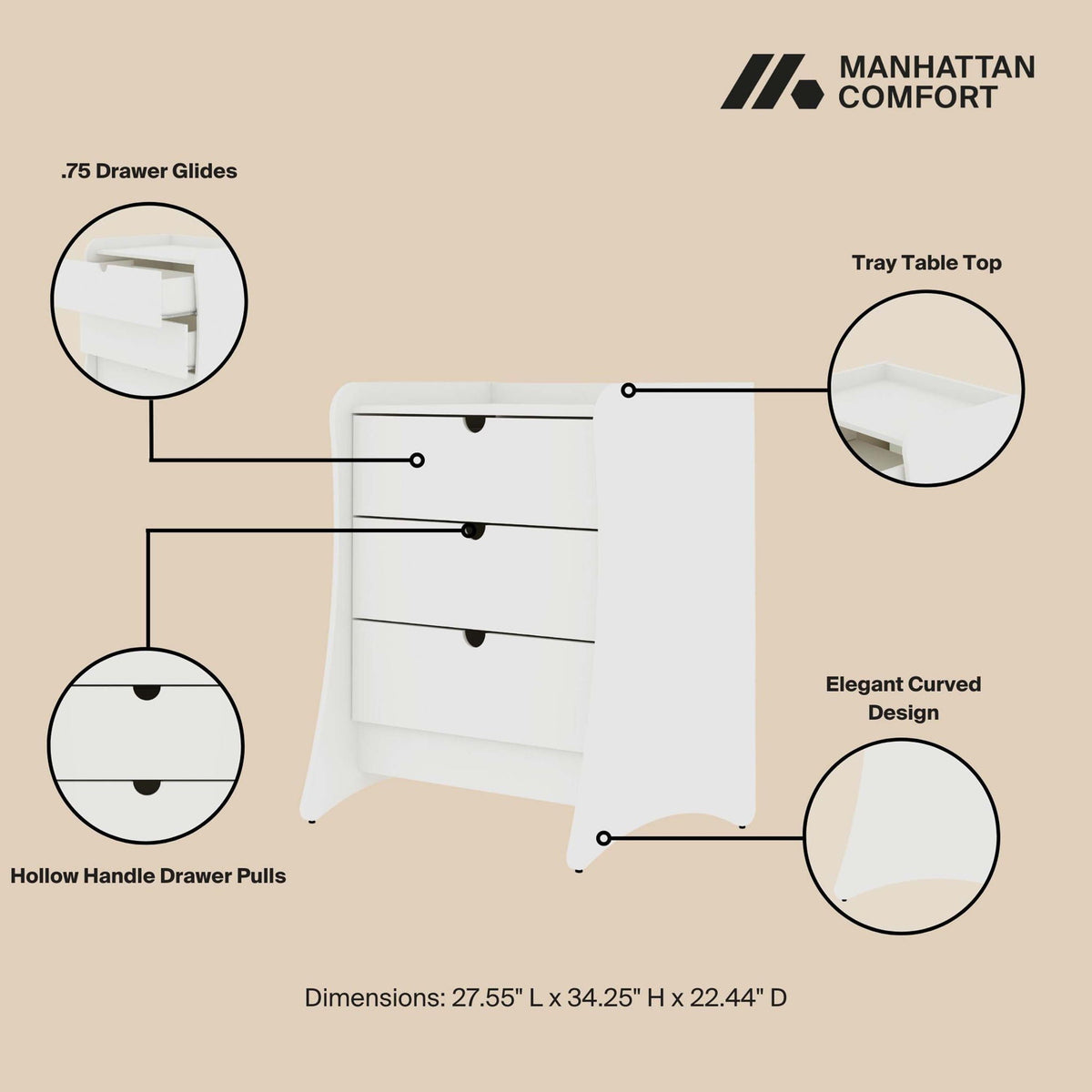 Nightstand with 3 Drawers and Quiet Glide - White or Dark Gray