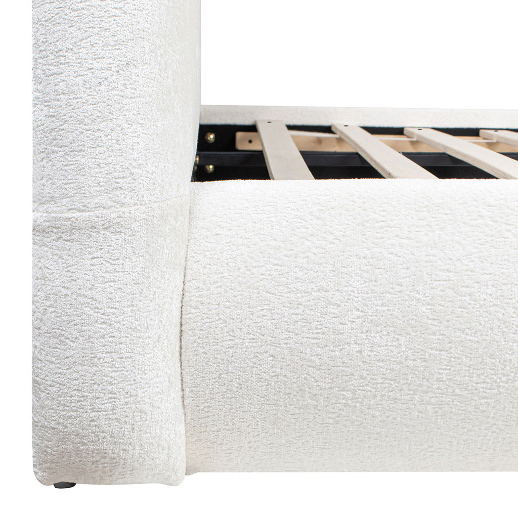 Archie Puffy Grounded Upholstered Platform Bed with Rounded Headboard - Green, White, Beige