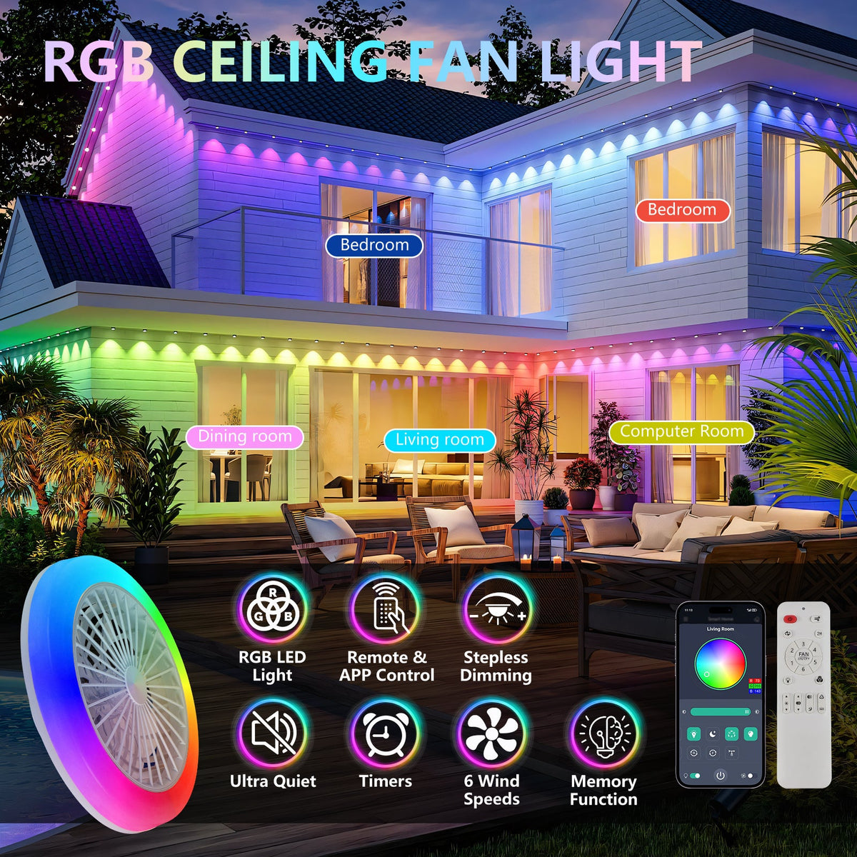 18 Inch Ceiling Fan with RGB Light and Remote Control - White