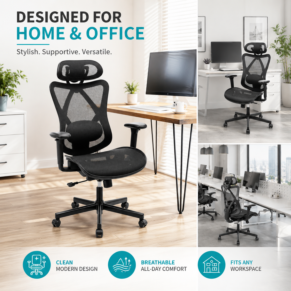 Ergonomic Office Chair with Adjustable Lumbar Support - Mesh High Back