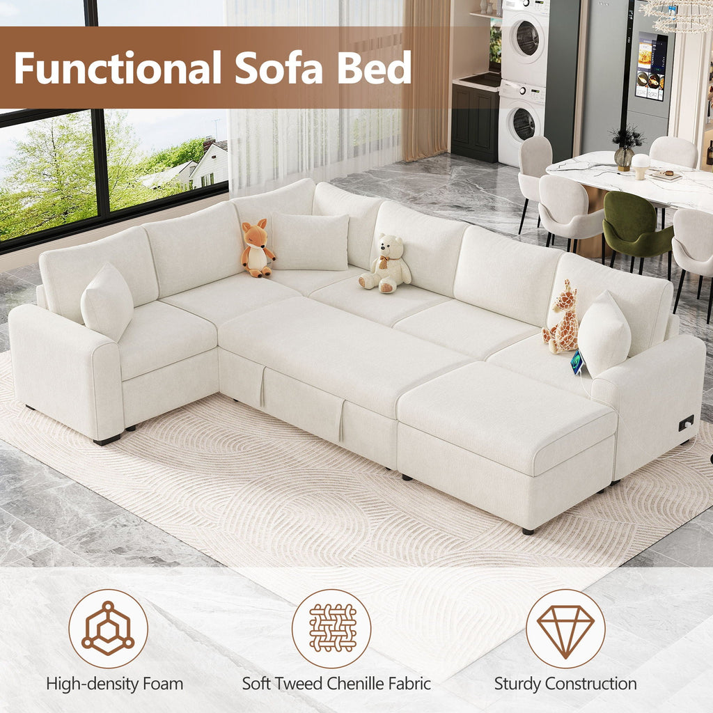 Sleeper Sectional Sofa with Storage Ottoman and USB Charging - White or Dark Gray