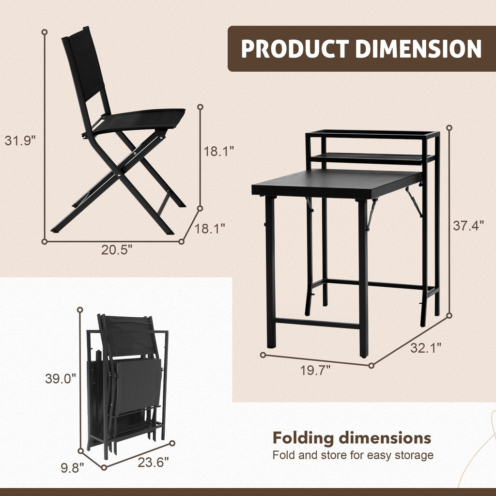 3 Piece Patio Bistro Set with Foldable Table and Chairs - Black