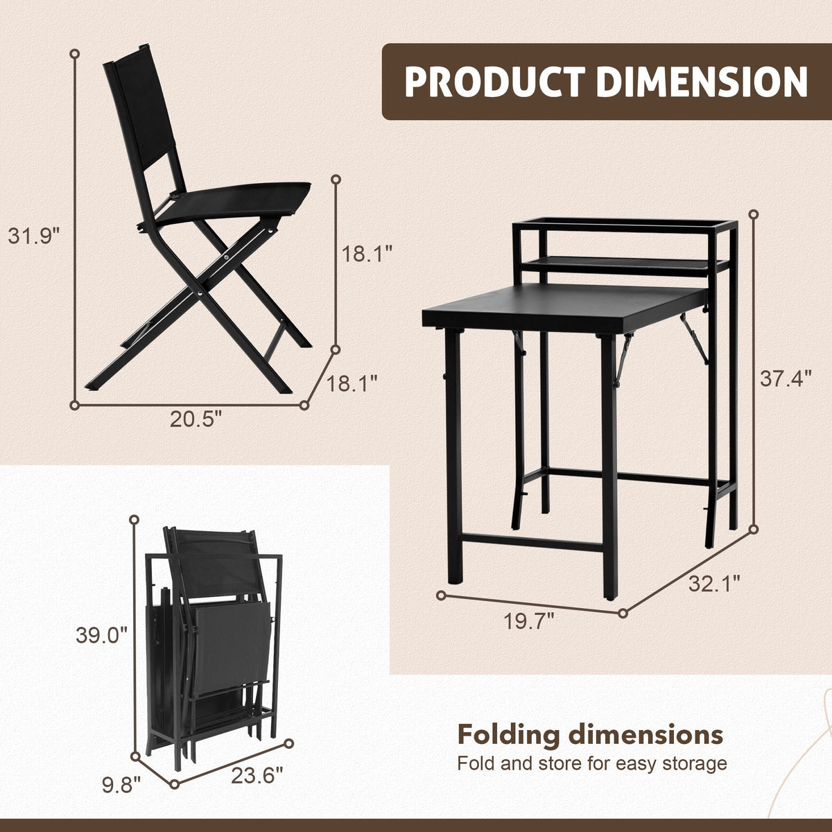 3 Piece Patio Bistro Set with Foldable Table and Chairs - Black