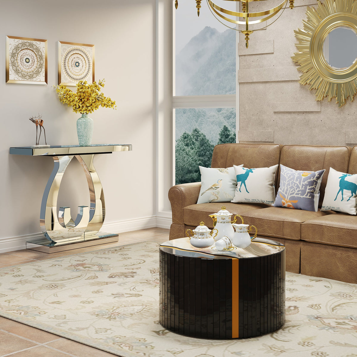 Modern Mirror Side Table with Double C-Shape Base - Silver Mirror