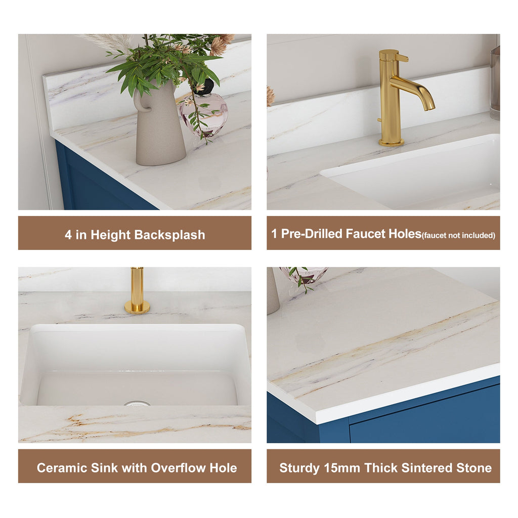 42" Modern Solid Wood Bathroom Vanity with Carrara Sink - Blue or White