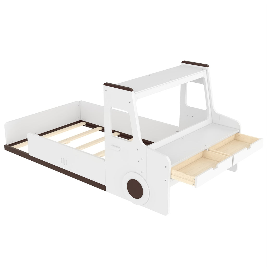 Twin Size Car-Shaped Floor Bed with Storage Drawers - Pine Wood