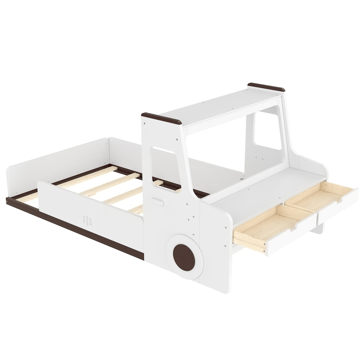 Twin Size Car-Shaped Floor Bed with Storage Drawers - Pine Wood