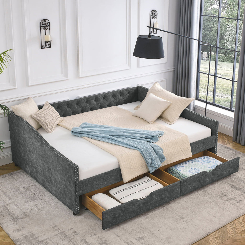 Upholstered Tufted Daybed with 2 Drawers and Waved Arms - Multiple Colors