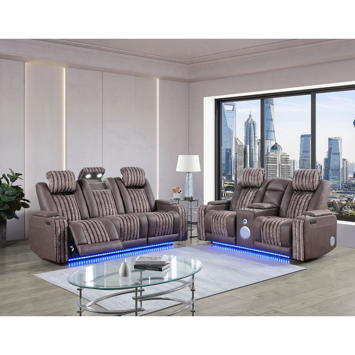 Power Reclining Sofa with Power Headrest and Drop Down Table - Black, Dark Brown, or Dark Gray