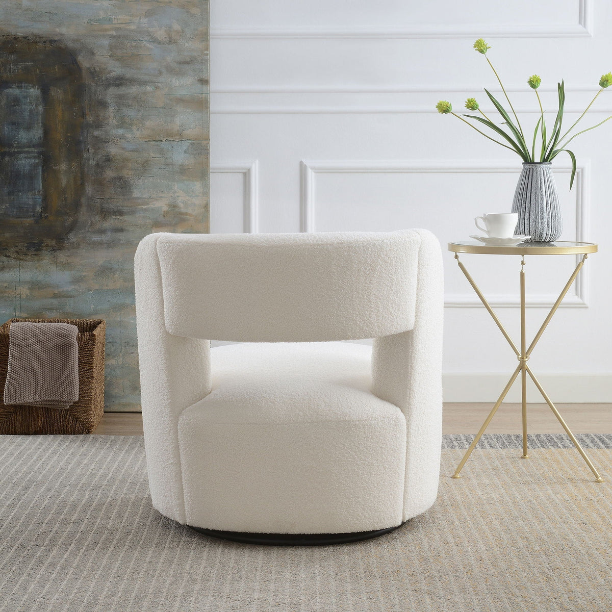 Swivel Barrel Chair with Soft Teddy Fabric - Beige