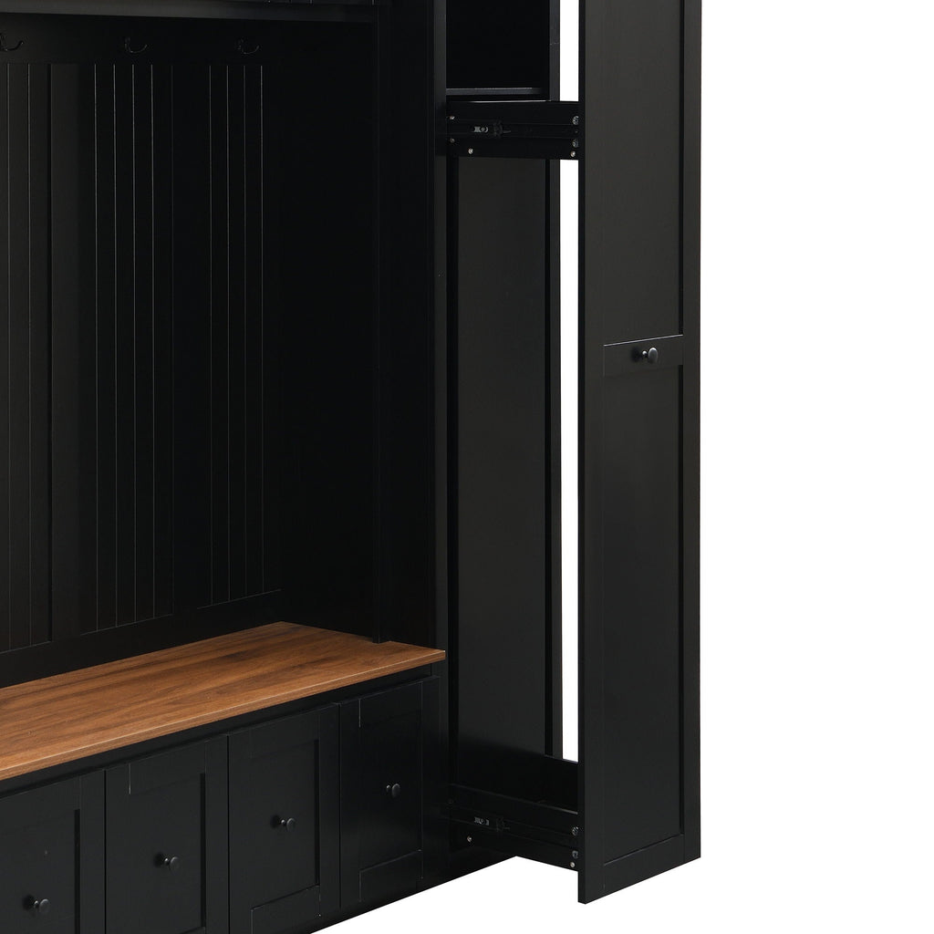 Entryway Hall Tree with Storage Bench and Cabinets – Black or White