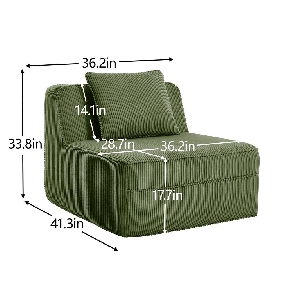 Armless Sofa with Pillow with Plush Green Corduroy - Green