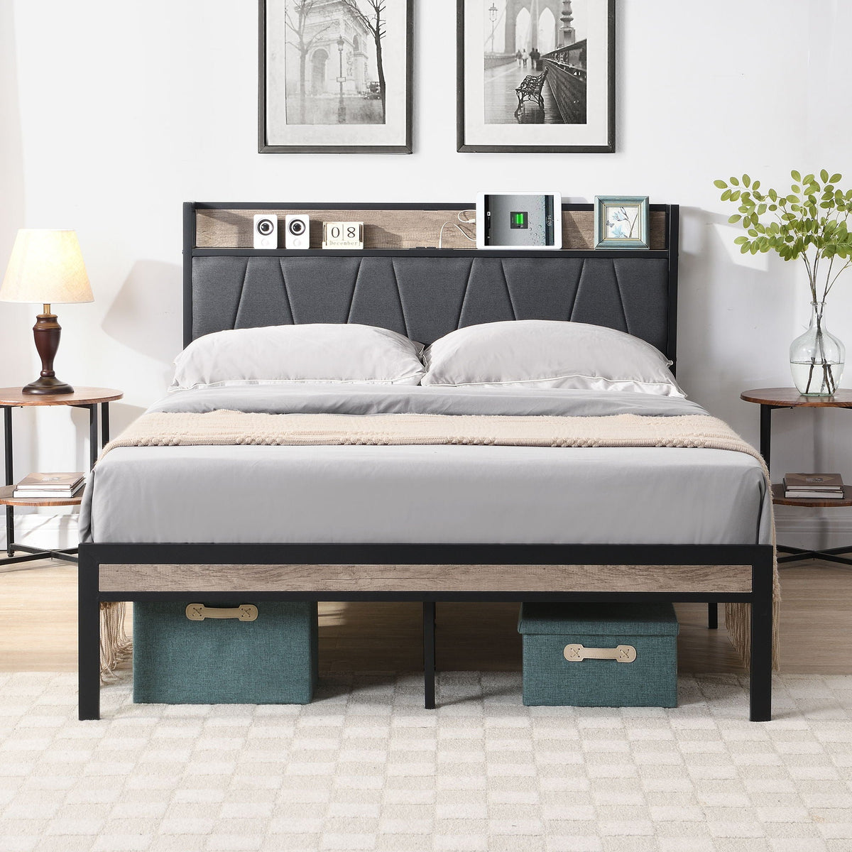 Modern Bed Frame with LED Lights and USB Charging - Light or Dark Brown